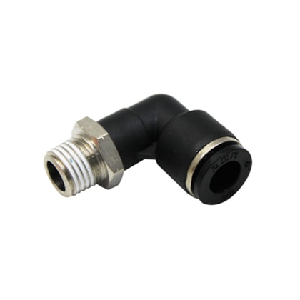 RGR | PL3/8N2M | CONEXAO/COTOVELO 90 GRAUS 1/4 NPT X 3/8 (ENGATE RAPIDO PARA TUBO TECALON 3/8) (ROSCA GIRATORIA) (PLASTICO)